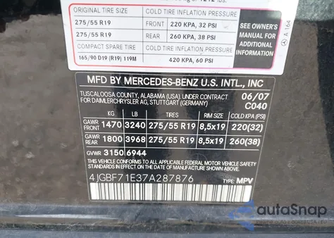 2007 Mercedes-Benz Gl 450 4Matic z USA, uszkodzony, nr VIN 4JGBF71E37A287876